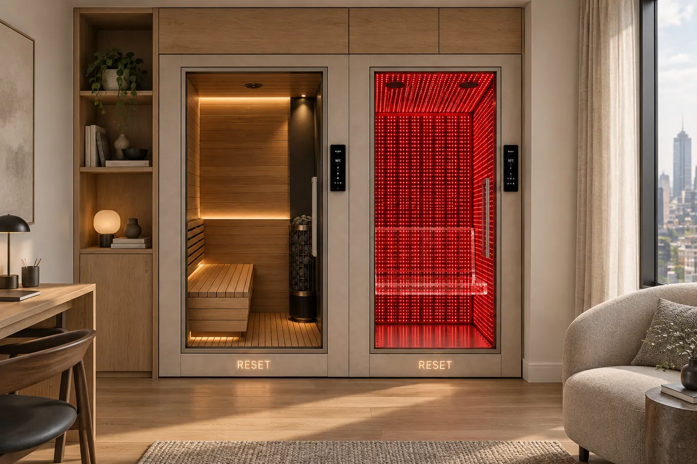 Architectural visualization of RESET Dry and Light pods integrated into a city apartment wellness area.