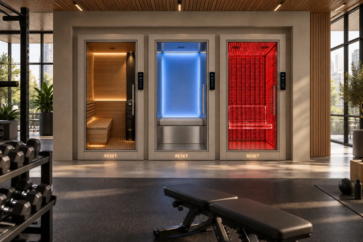 Architectural visualization of RESET Dry, Cold and Light pods integrated into a premium fitness club recovery area.