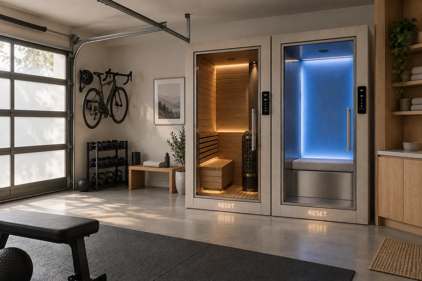 Architectural visualization of RESET Dry and Cold pods in a converted garage wellness space.