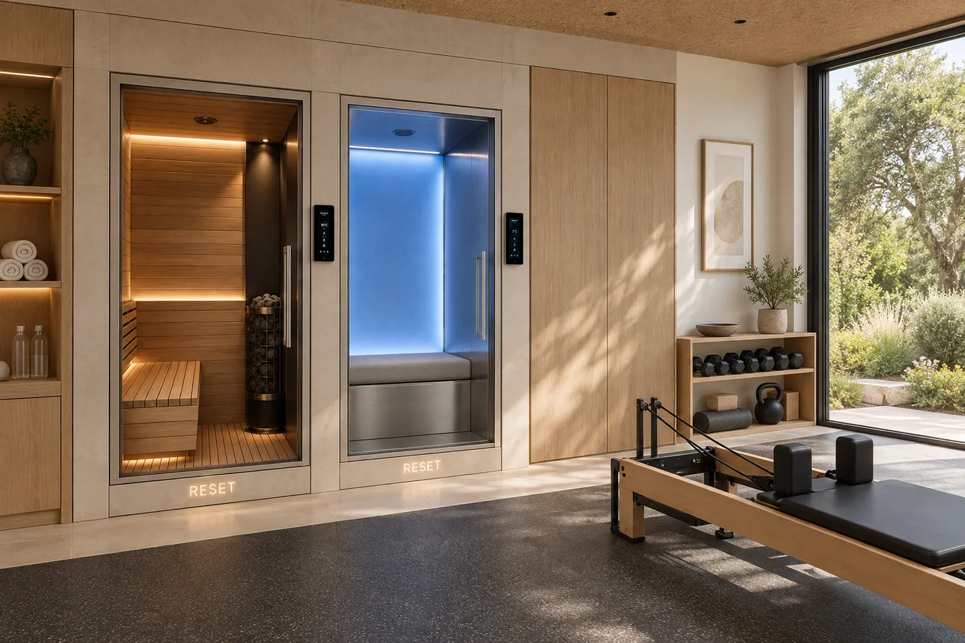 Architectural visualization of RESET Dry and Cold pods alongside a private home gym.