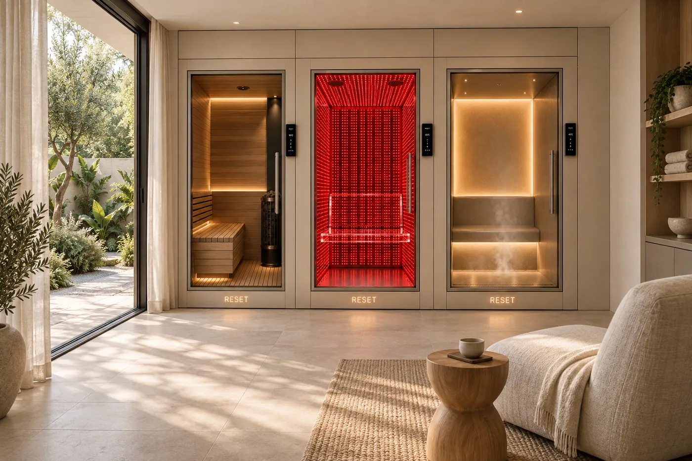 Architectural visualization of RESET Dry, Light and Steam pods in a calm residential wellness room.