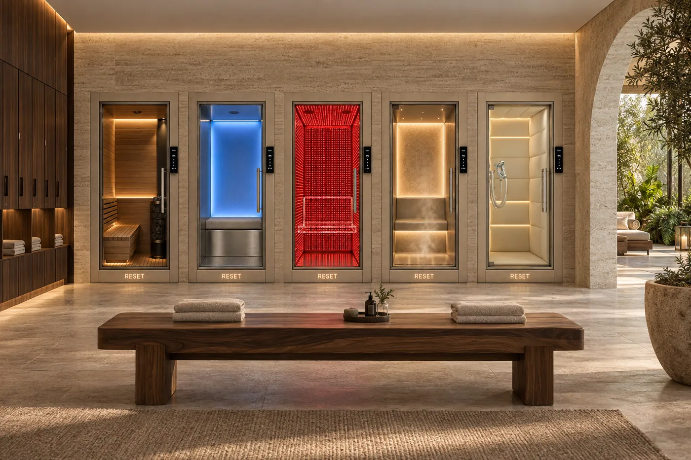 Architectural visualization of all five RESET pods integrated into a luxury hotel spa.